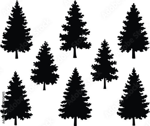 Silhouette pine trees, black conifer shapes on white background, evergreen forest illustration, nature and wilderness design, fir and spruce tree collection for projects