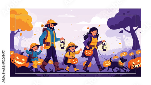 Halloween Family Fun: A vibrant illustration captures the enchanting spirit of Halloween. A family, accompanied by their canine companion, strolls through a stylized autumnal landscape.