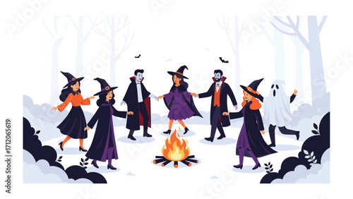 Halloween Gathering: A group of fantastical figures gather joyfully around a bonfire, celebrating the spooky holiday. Dancing, laughing, and spreading the eerie ambiance of the special night.