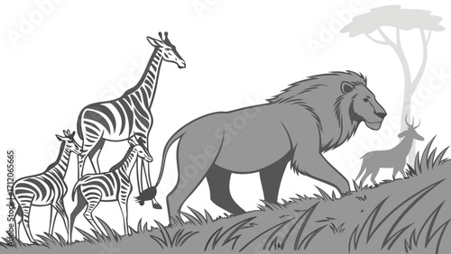African Safari Animals Lion Zebra Giraffe and Antelope Illustration.
