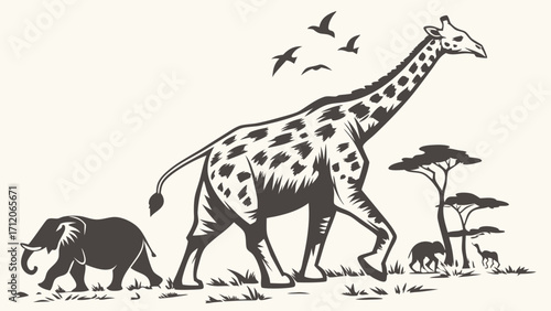 African Safari Animals Silhouette Illustration Giraffe Elephant and Savannah Landscape.