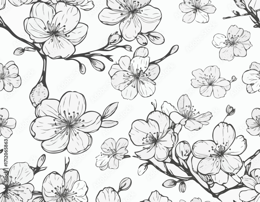 Fototapeta premium Cherry blossom set sketch hand drawn in comic style.Vector Garden flowers