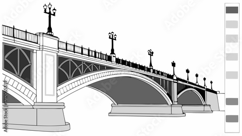 Arch Bridge Urban Architecture Grey Scale Illustration Street Lamps Design Element Vector Graphic Cityscape Transportation Infrastructure Engineering Construction Bridge Design Archit.