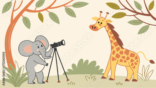 An elephant photographer taking a picture of a giraffe in a jungle setting.