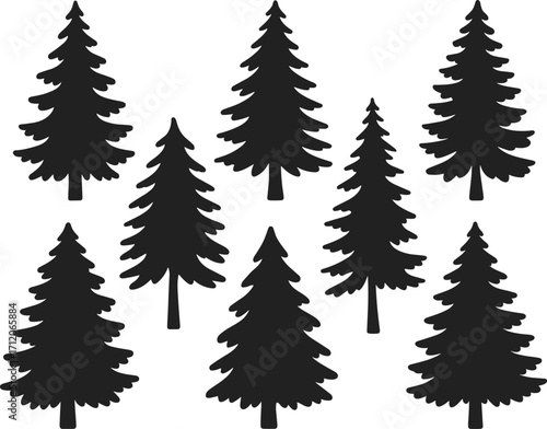Silhouette pine trees, evergreen forest illustration, black conifer shapes on white background, nature and wilderness design, fir and spruce tree collection for projects