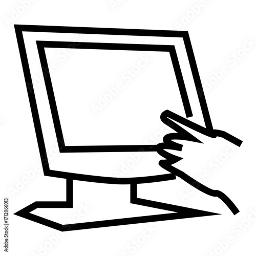 Black silhouette of a computer monitor with a hand pointing at the screen, symbolizing user interaction and digital interface.