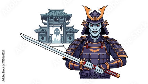 Warrior's Resolve: An intricately detailed illustration depicts a stoic samurai warrior in full armor, poised with a gleaming katana, against the backdrop of an ancient temple. 