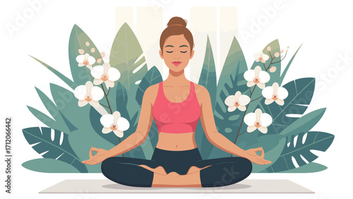 Woman meditating in lotus pose with flowers