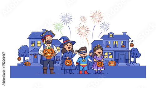 Halloween Night Gathering: A cheerful illustration of a family dressed up in various costumes, enjoying a night of trick-or-treating.