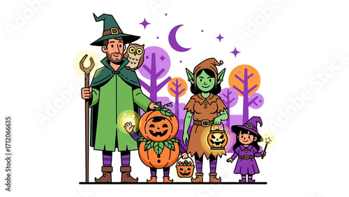 Halloween Costume Group Portrait: A fun and festive group of children dressed in Halloween costumes stand together for a portrait, against a backdrop of spooky night.