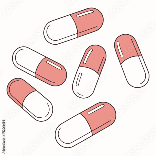 A scattering of six pink and white capsules on a plain background in a simple illustration style