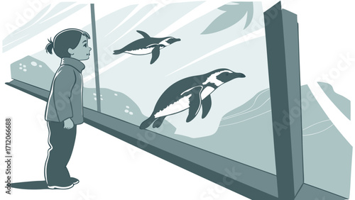 Child watching penguins at an aquarium illustration cute vector.