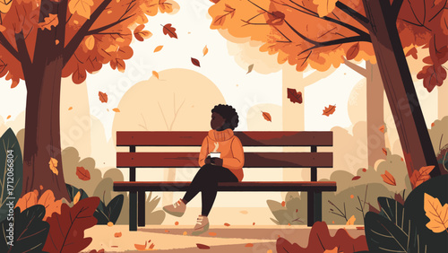 Photos Flat Vector Autumn Illustration of Woman Sitting on Park Bench with Coffee Autum