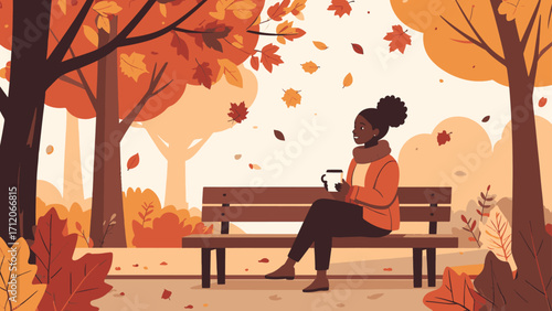 Flat Vector Autumn Illustration of Woman Sitting on Park Bench with Coffee Autumn park bench illustration shows falling leaves and cozy seasonal design with woman sitting outdoors and holding coffee