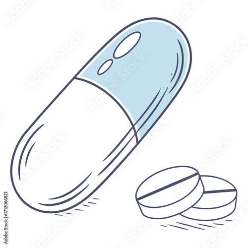 Hand drawn illustration of a light blue capsule and two round white tablets with a dividing line