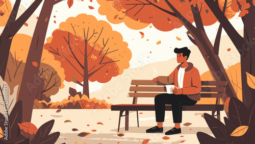 Flat Vector Autumn Illustration of Man Sitting on Park Bench with Coffee Autumn park bench illustration shows falling leaves and cozy seasonal design with man sitting outdoors and holding coffee