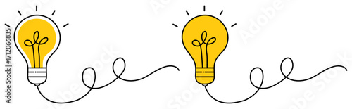 Creative idea with hand drawn light bulb isolated on white background. innovation icon set. Yellow light bulb with line, minimal idea icon. Vector, creative, idea, light, lamp, bulb, thinks, electric