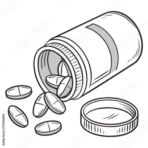 Hand drawn illustration of a pill bottle tipped over with several oval shaped pills spilling out
