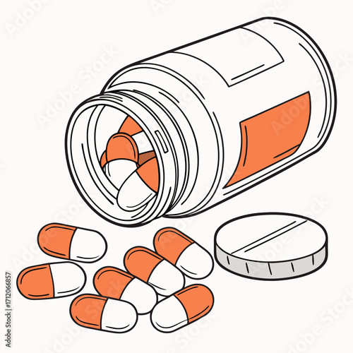 Illustration of an open bottle of orange and white capsules spilling out onto a white background with a single pill
