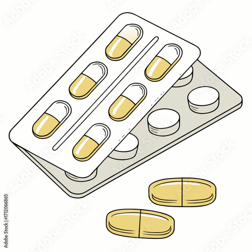 Illustration of a blister pack containing yellow and white capsules and white round tablets with loose pills scattered nearby