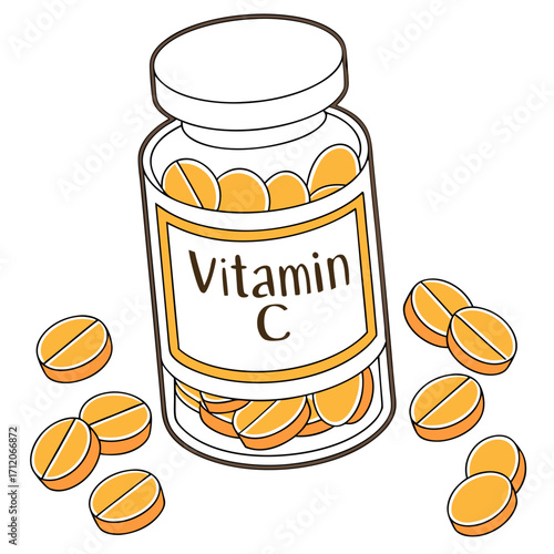 Illustration of a bottle filled with vitamin c tablets and scattered vitamin c pills on a white background