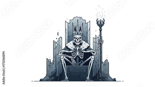 Skeleton King's Reign: An illustration of a skeletal monarch, crowned and regal, seated upon a crumbling throne, symbolizing the transience of power.