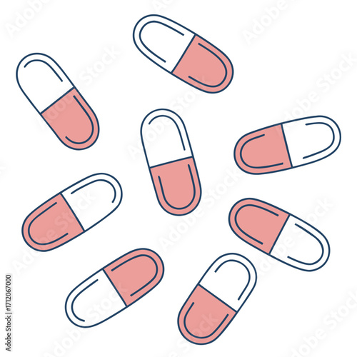 Scattered pink and white capsule pills with dark blue outlines on a white background