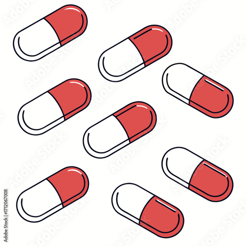 Scattered red and white capsule pills with black outlines on a white background