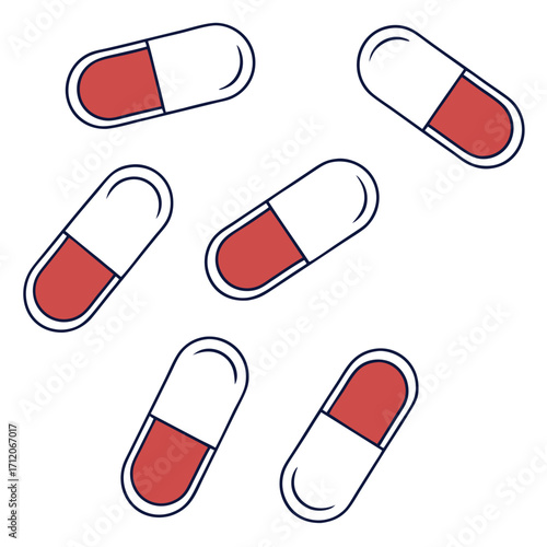 Six red and white capsules scattered randomly on a white background in a simple flat design