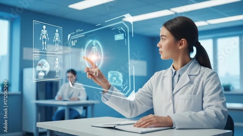 Female doctor using interactive AI digital panel for patient diagnostics, futuristic healthcare, smart hospital technology, data analysis, medical education, innovation