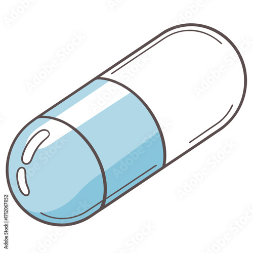 Stylized illustration of a single blue and white capsule pill on a white background
