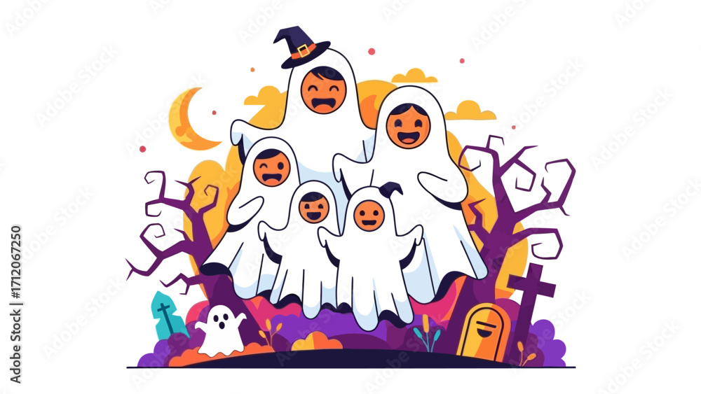Fototapeta premium Spooky Family Halloween: A whimsical illustration of a family dressed as ghosts, captured in an eerie yet heartwarming Halloween setting.