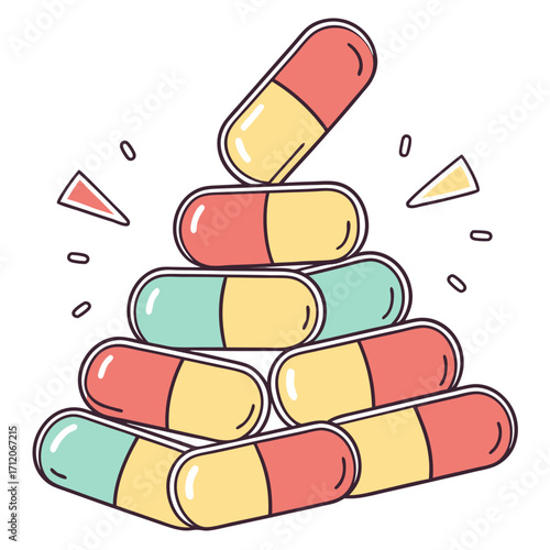 A pyramid of colorful medicine capsules stacked in a playful and illustrative style against a white background