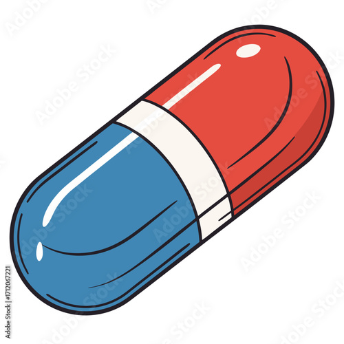 A single red and blue capsule with a white band in the middle isolated on a white background