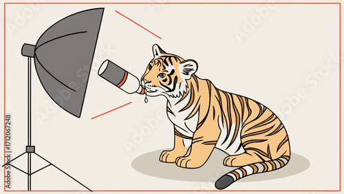 Cute tiger cub photoshoot baby animal drinking milk from bottle studio lighting wildlife photography cartoon illustration vector graphic adorable kitten orange stripes big cat newborn an.