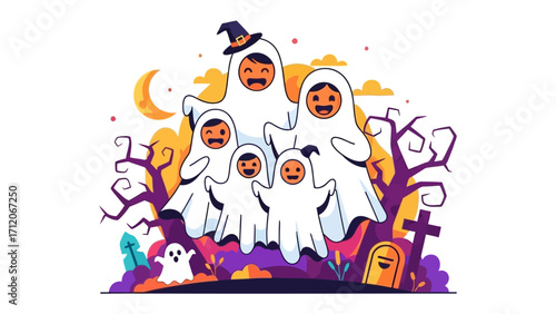 Spooky Family Halloween: A whimsical illustration of a family dressed as ghosts, captured in an eerie yet heartwarming Halloween setting.