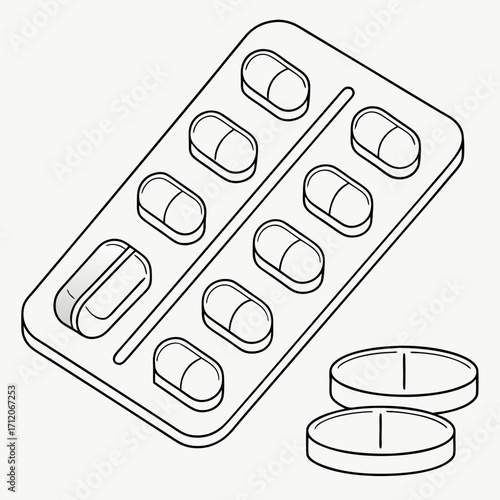 Clean line art illustration of a blister pack of capsules and two loose tablets on a white background
