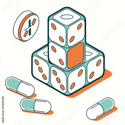 Conceptual illustration of gambling addiction with dice and pills representing risk and treatment