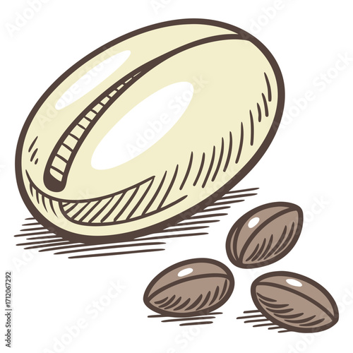 Hand drawn illustration of a large light colored coffee bean with three smaller brown coffee beans scattered around it