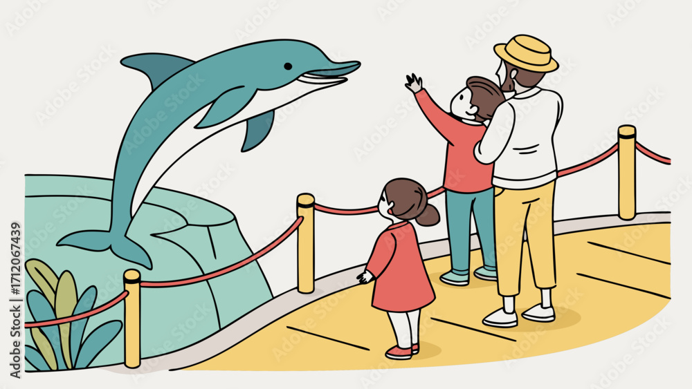 Obraz premium Family watching a dolphin perform marine park illustration aquatic animal show children and parents vector graphic.