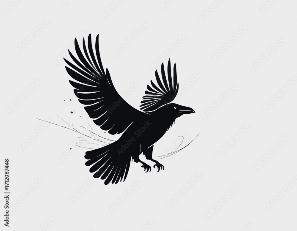 Obraz premium Raven flying silhouette hand drawn sketch illustration