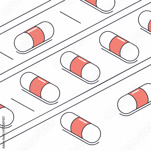 Isometric view of a conveyor belt carrying rows of pink and white capsules in a clean modern design