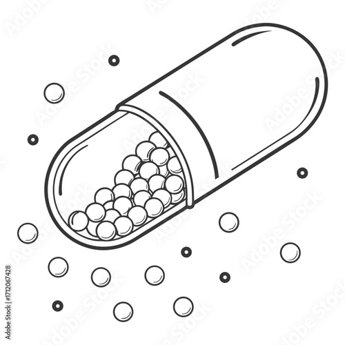 Open capsule filled with small spheres scattered around on white background line art
