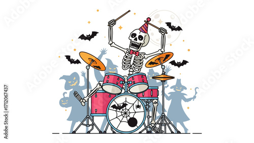 Halloween Drummer's Delight: An animated skeleton drummer bangs out a spooky beat, surrounded by playful Halloween elements.&#x20;