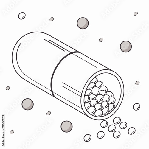 Open medical capsule revealing small pellets and scattered pills against white background