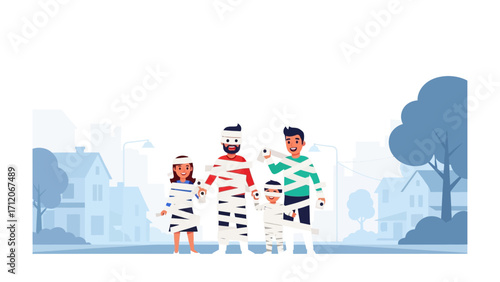 Halloween Mummy Family Illustration: A heartwarming illustration captures a family dressed up as mummies, standing together on a serene street. Embrace the spooky season with this creative scene.