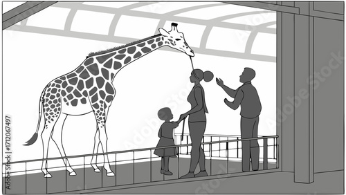 Family viewing a giraffe at an enclosure wildlife zoo animal safari illustration.