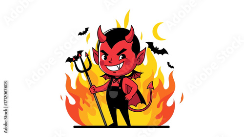 Mischievous Devilish Delight: A playful and mischievous illustration of a cartoon devil, complete with horns, a trident, and a sly grin, standing before a fiery inferno.