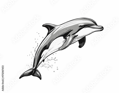 Cute dolphin sketch hand drawn engraving style Vector illustration