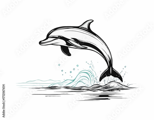 Cute dolphin sketch hand drawn engraving style Vector illustration